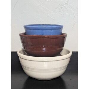 Vintage Sevilla USA Nesting Ringed Mixing Bowls Set of 3 White Brown and Blue